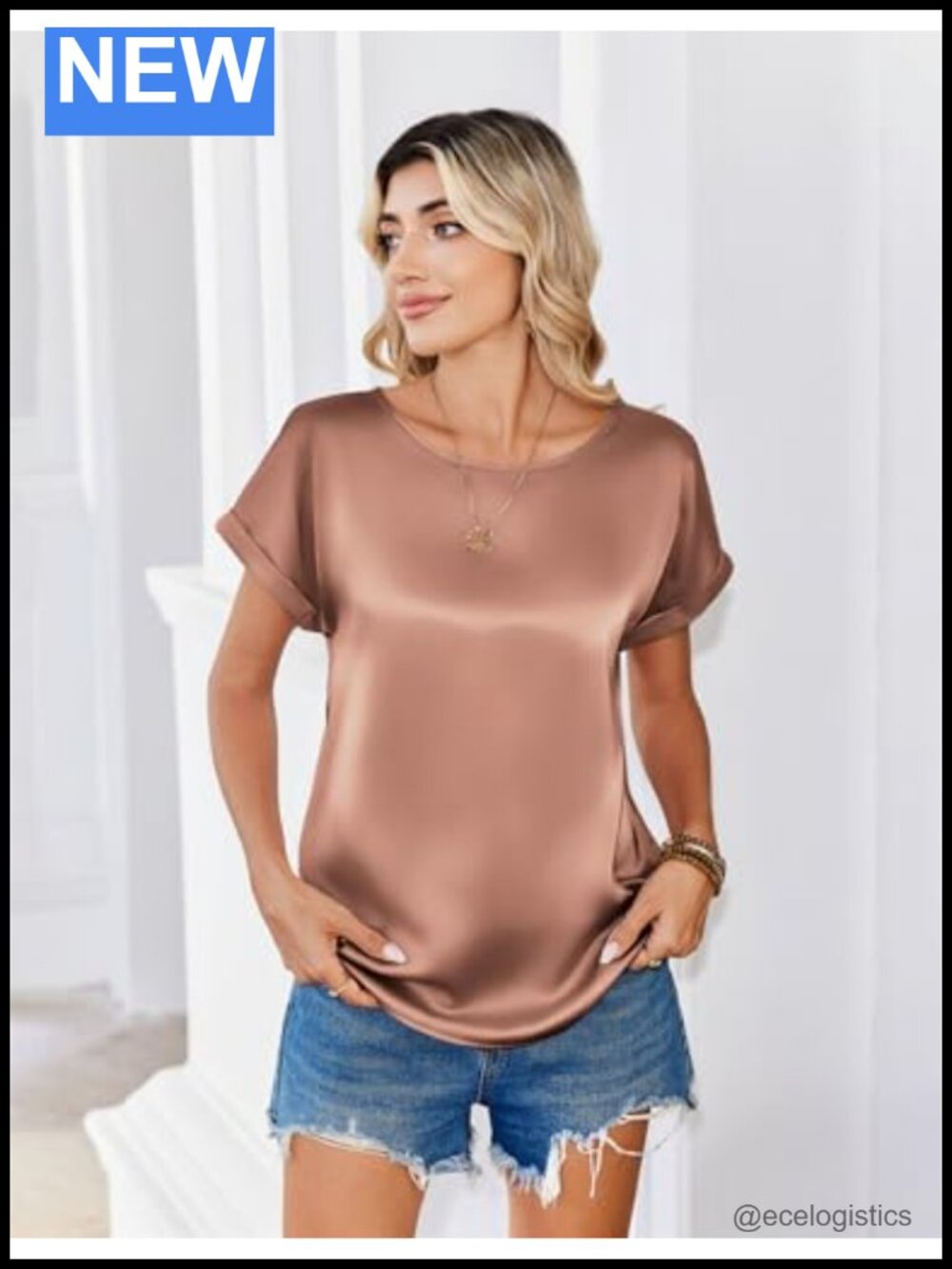 Satin Silk Blouse Short Sleeve Crewneck Top Relaxed Fit Business Casual - Picture 4 of 6